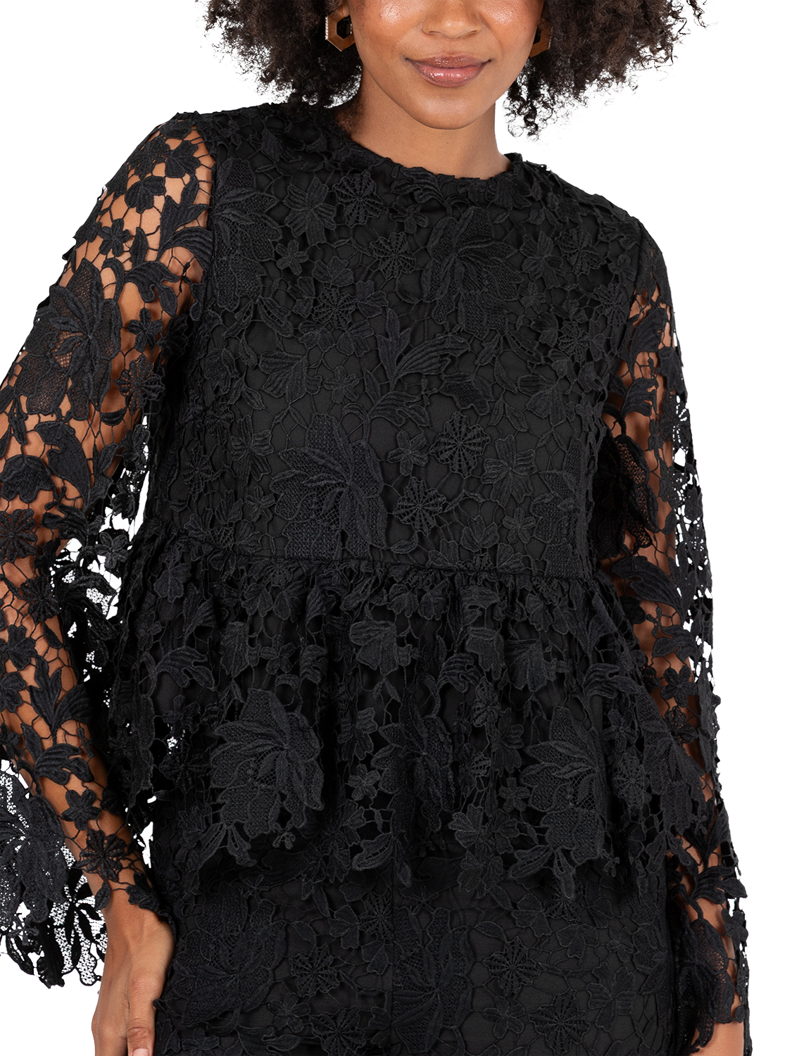 Product image 3 of 11, which shows Lovedrobe Floral Lace Peplum Top, Black, 8