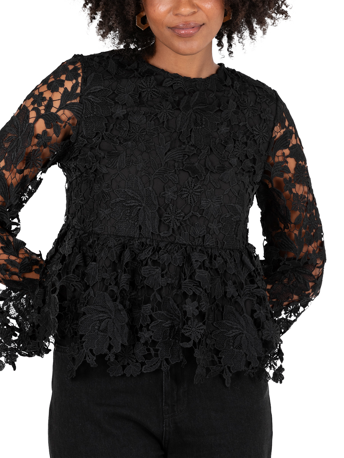Product image 5 of 11, which shows Lovedrobe Floral Lace Peplum Top, Black, 8