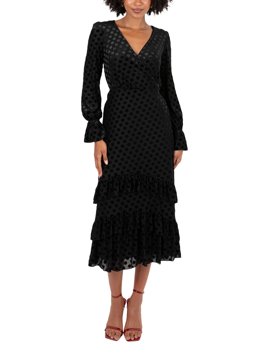 Product image 1 of 6, which shows Lovedrobe Flock Polka Dot Midaxi Dress, Black Flock, 8