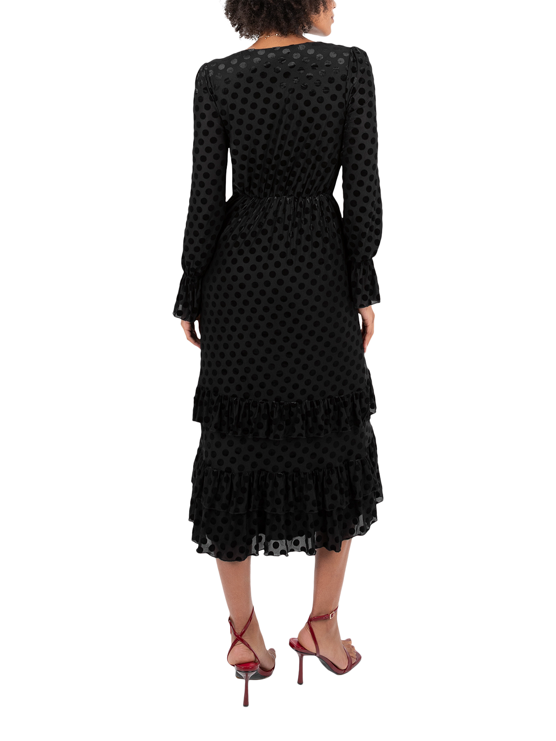 Product image 2 of 6, which shows Lovedrobe Flock Polka Dot Midaxi Dress, Black Flock, 8