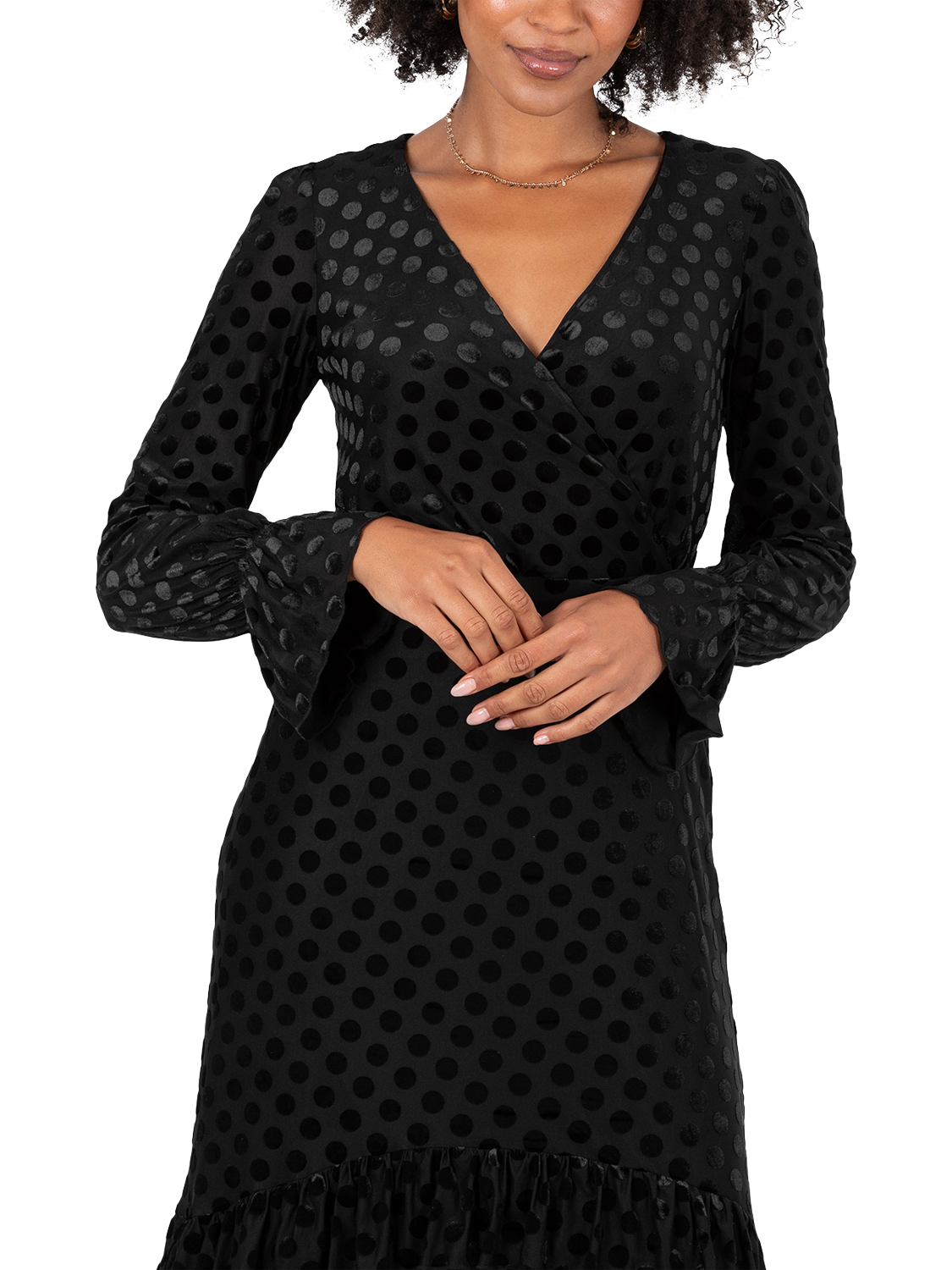 Product image 3 of 6, which shows Lovedrobe Flock Polka Dot Midaxi Dress, Black Flock, 8