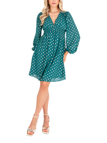 Lovedrobe Foil Print Mini Dress, Green/ Gold Print - view 2, Green/ Gold Print