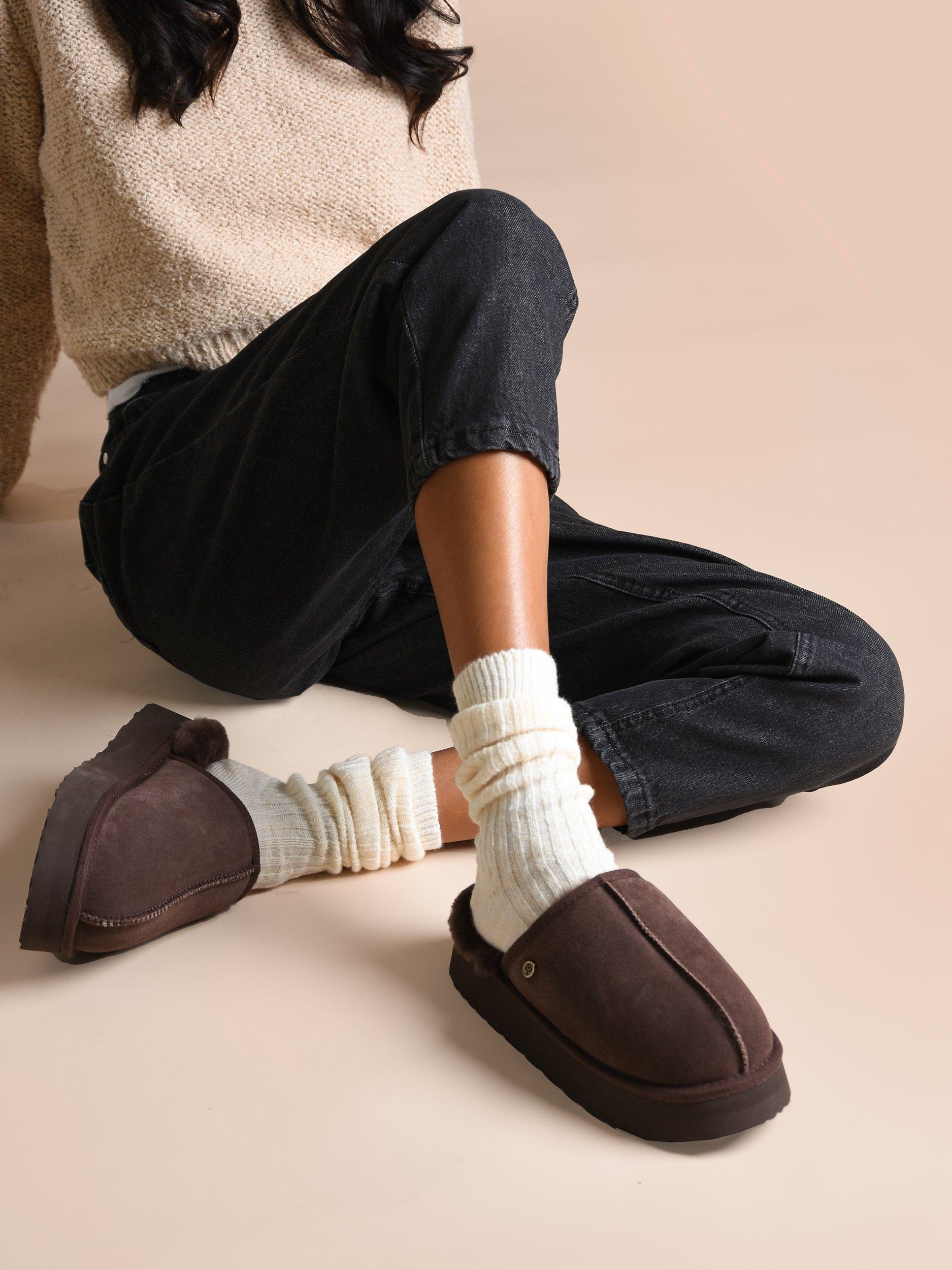 Product image 2 of 8, which shows Just Sheepskin Mabel Sheepskin Platform Mule Slippers, Chocolate, 4