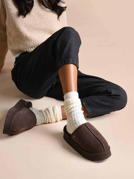 Just Sheepskin Mabel Sheepskin Platform Mule Slippers - view 2, Chocolate