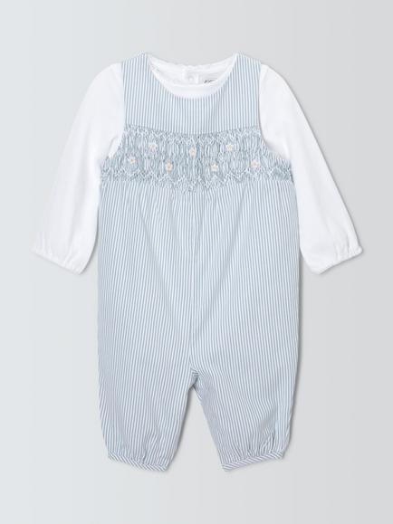 John Lewis Heirloom Collection Baby Stripe Romper & Long Sleeve Bodysuit Set, Light Blue, Light Blue