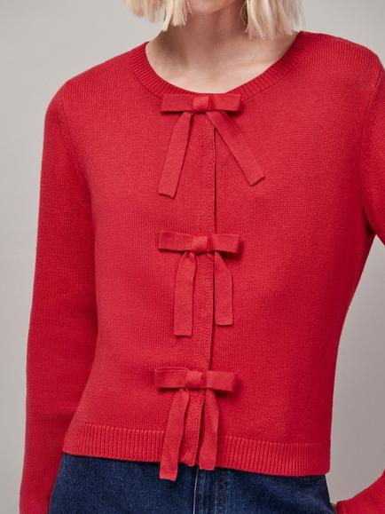 Ro&Zo Bow Front Knit Cardigan, Red, Red