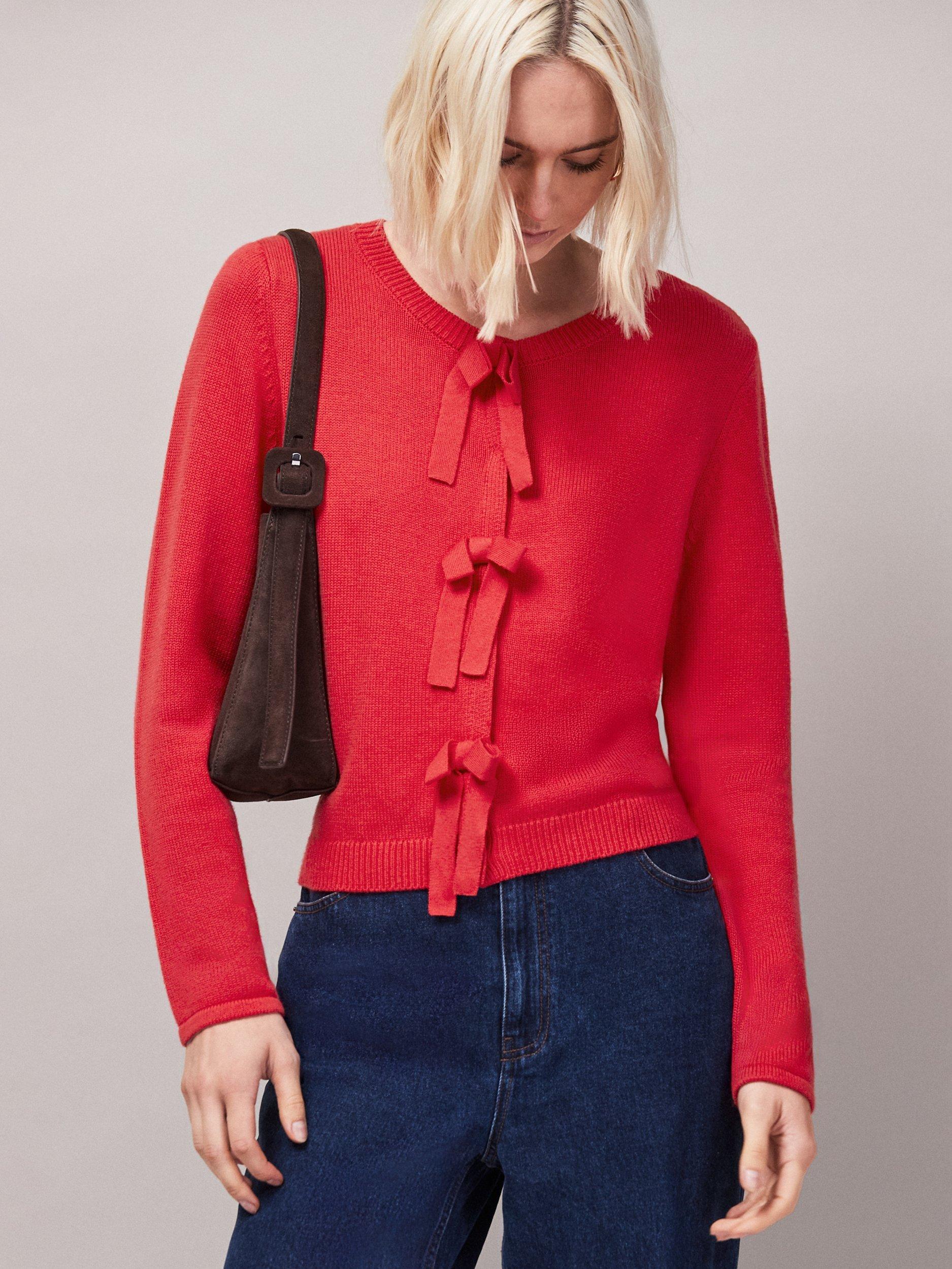 Product image 5 of 5, which shows Ro&Zo Bow Front Knit Cardigan, Red, M