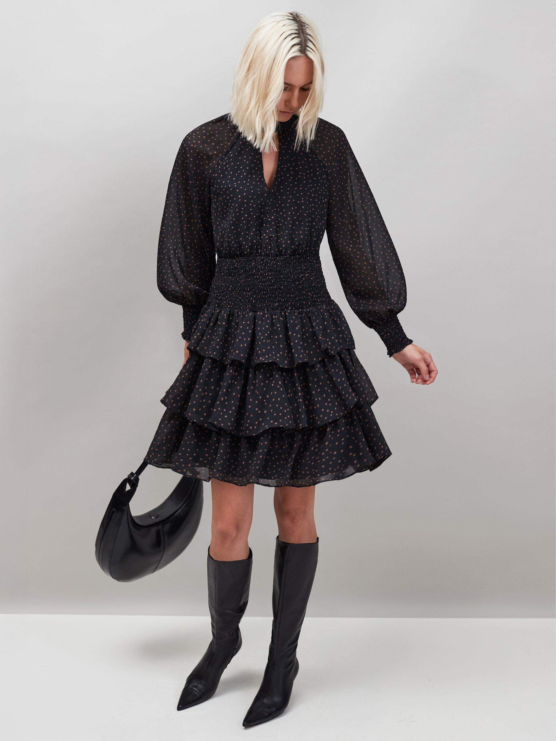 Product image 1 of 3, which shows Ro&Zo Dash Print Tiered Mini Dress, Black, 6