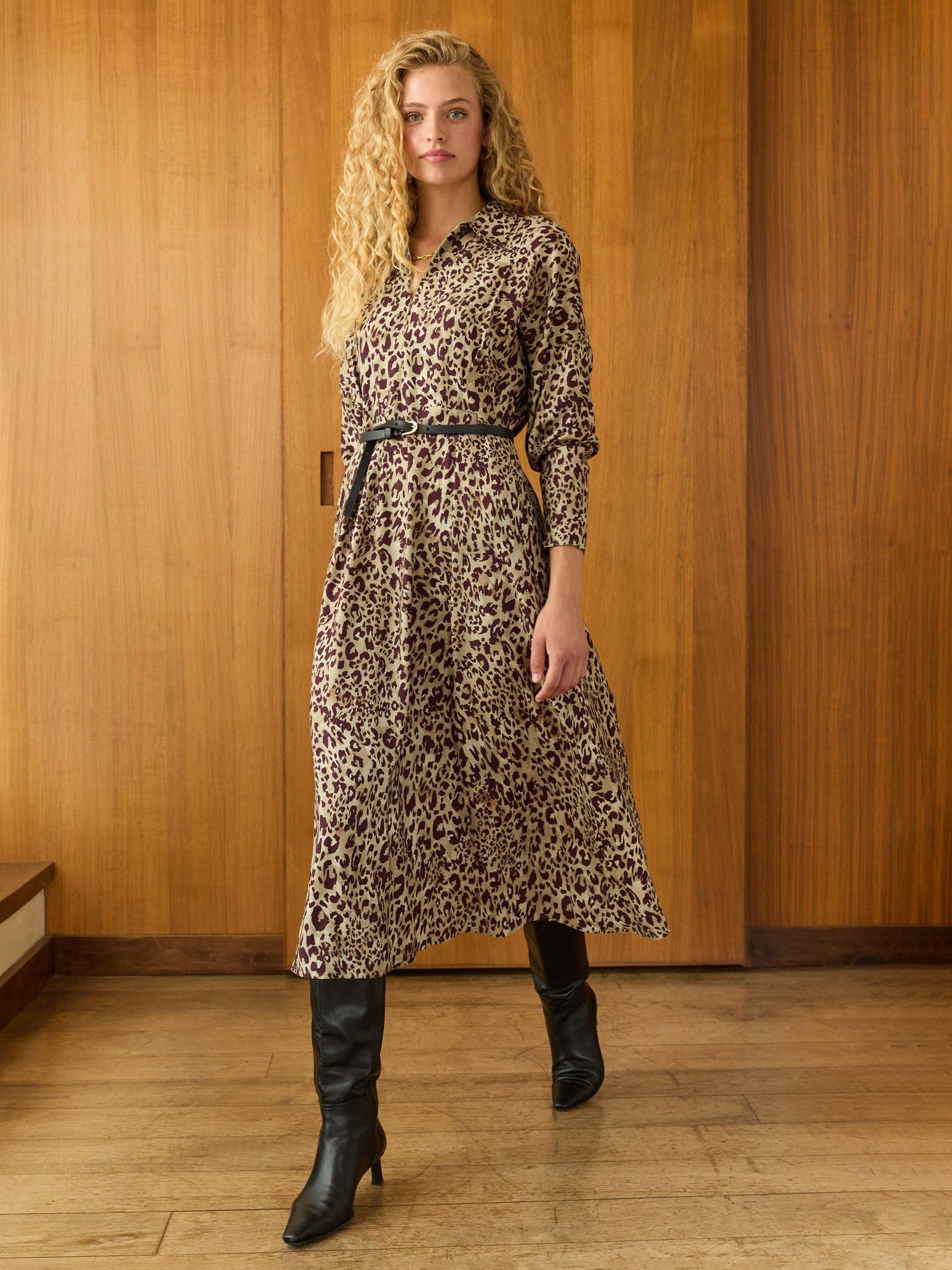 Product image 1 of 3, which shows Baukjen Leanne Leopard Print Midi Dress containing LENZING™ ECOVERO™ Viscose, Plum/Multi, 10