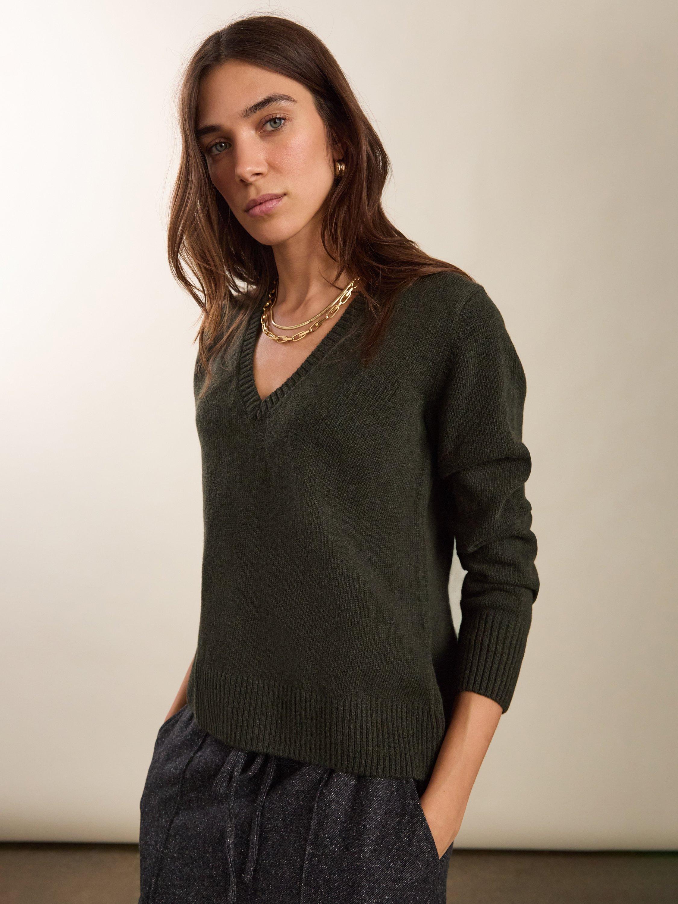 Product image 1 of 7, which shows Baukjen Emmeline V-Neck Wool Rich Jumper, Deep Khaki, 10