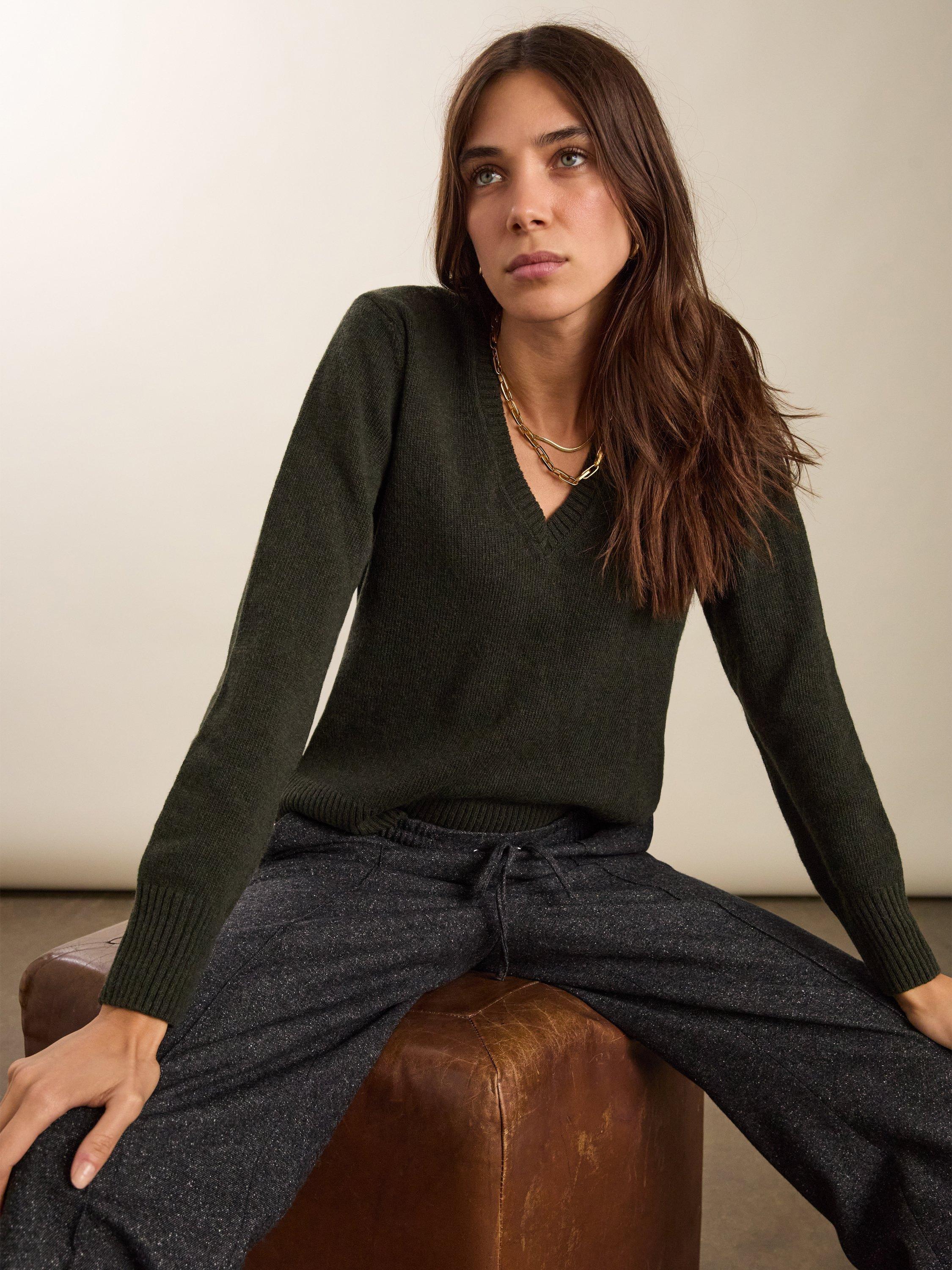 Product image 2 of 7, which shows Baukjen Emmeline V-Neck Wool Rich Jumper, Deep Khaki, 10