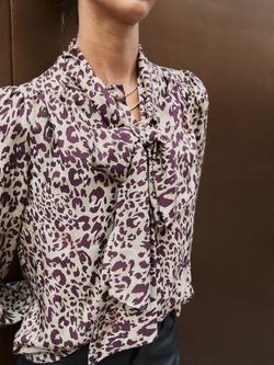 Baukjen Ischia Leopard Print Bow Neck Blouse containing LENZING™ ECOVERO™ Viscose, Plum/Multi - view 2, Plum/Multi