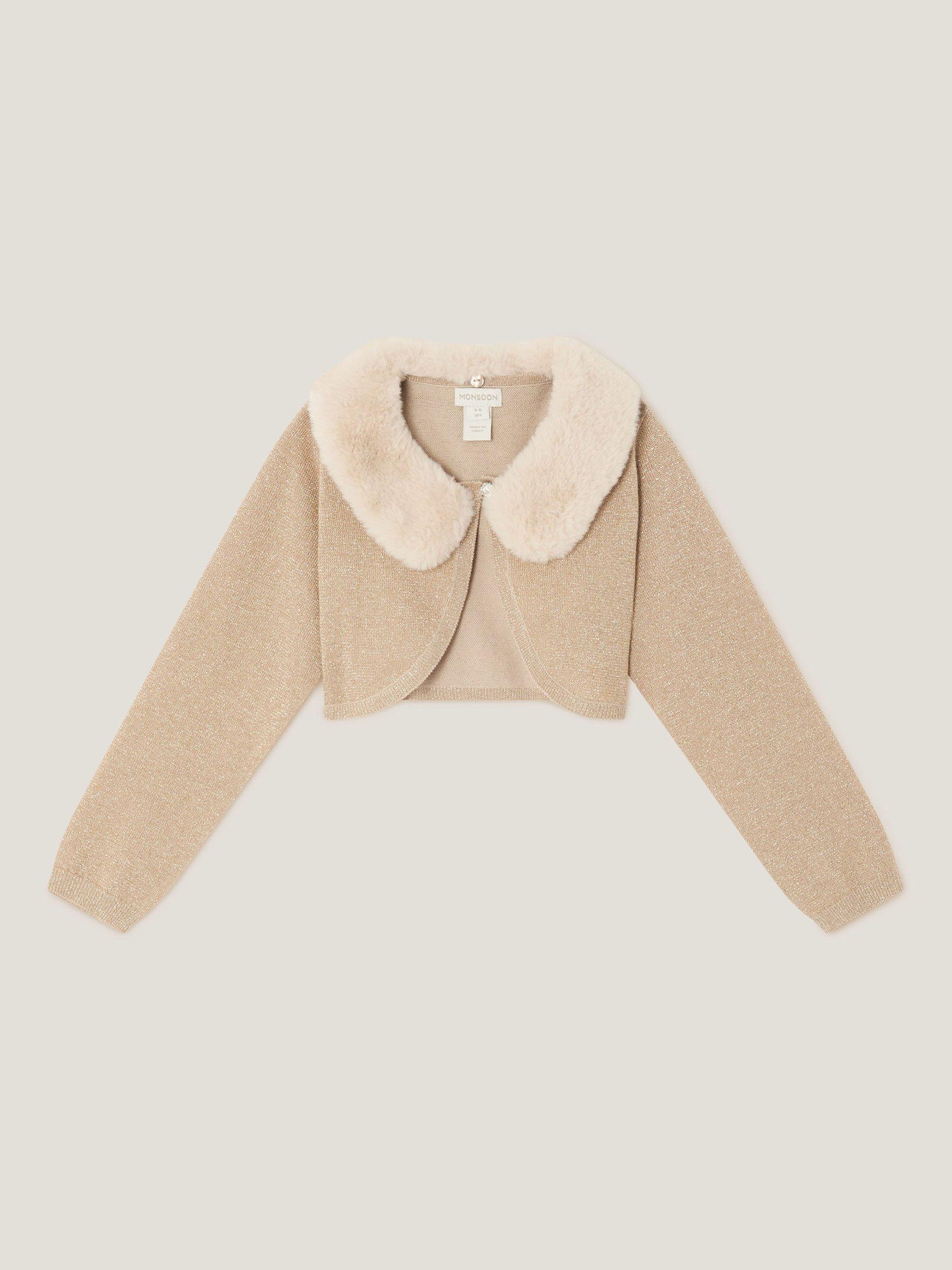 Product image 1 of 3, which shows Monsoon Kids' Fuzzy Cardigan, Gold, 7-8 years