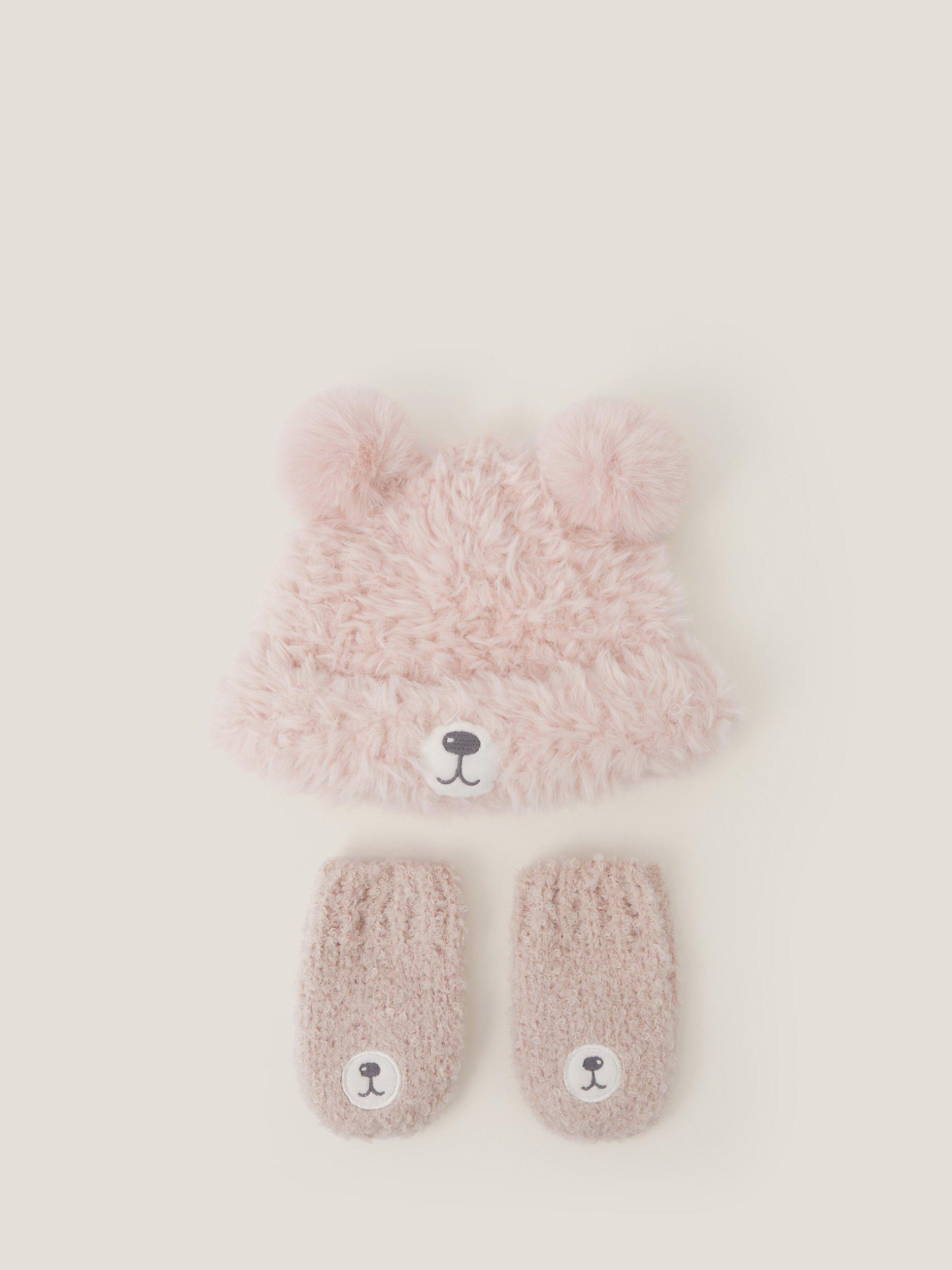 Product image 1 of 3, which shows Monsoon Baby Bear Hat & Mittens Set, Pink, 0-6 months