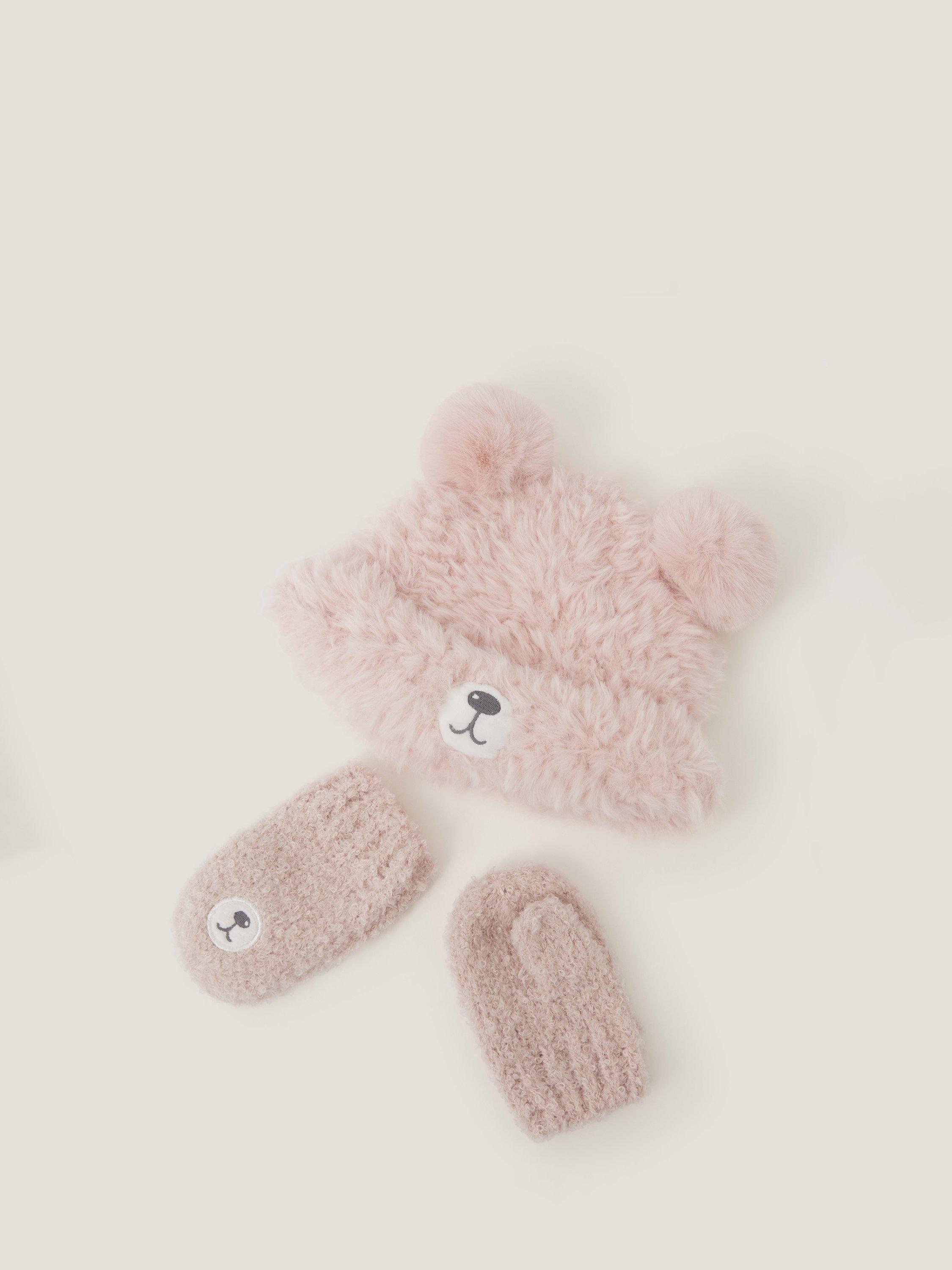 Product image 2 of 3, which shows Monsoon Baby Bear Hat & Mittens Set, Pink, 0-6 months