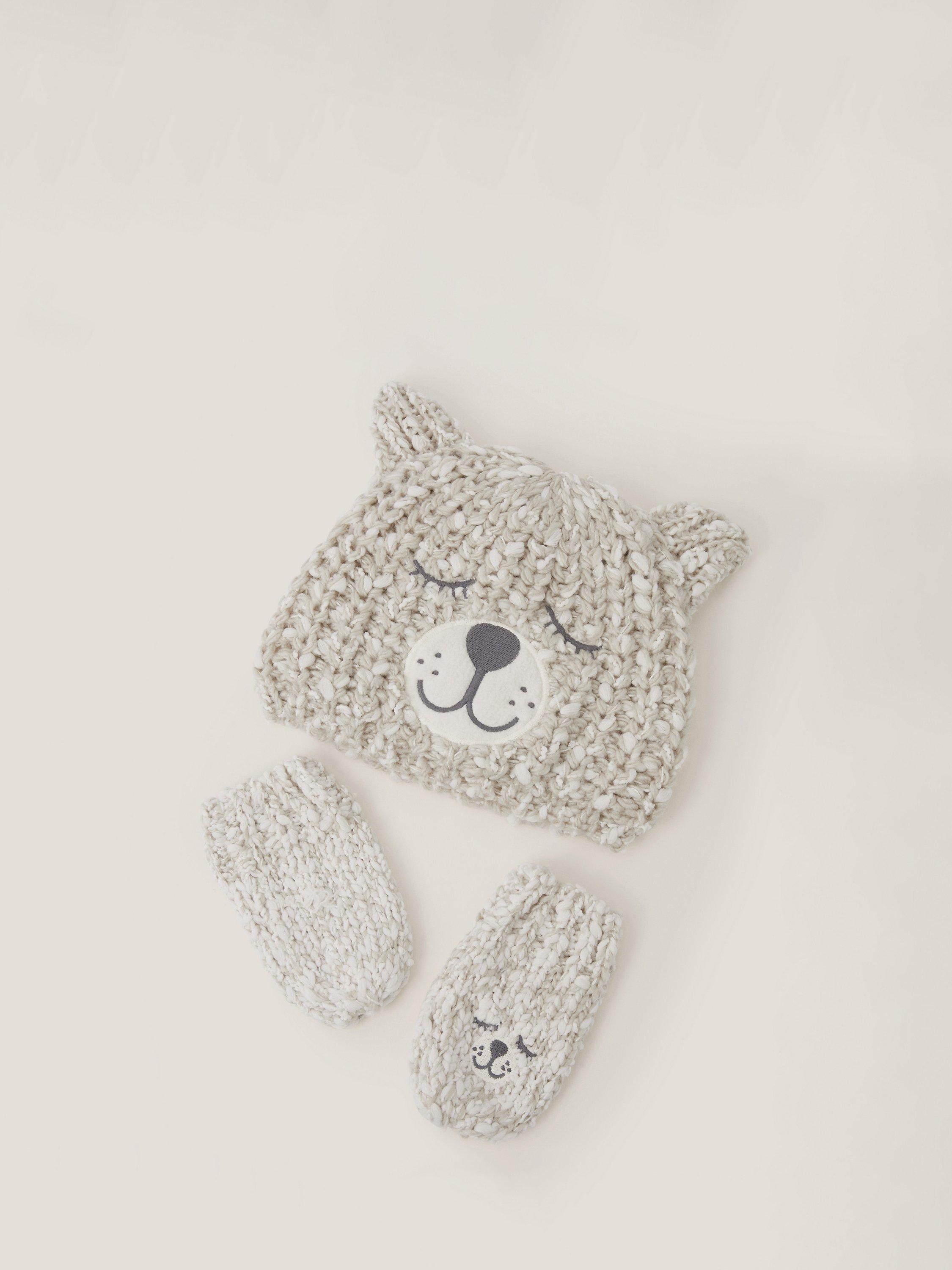 Product image 3 of 3, which shows Monsoon Baby Bear Hat and Gloves Set, Grey, 0-6 months
