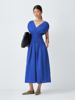 John Lewis Shirred Waist V-Neck Cap Sleeve Midi Dress, Baja Blue, Baja Blue