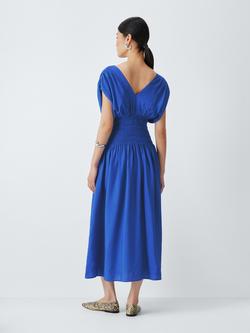 John Lewis Shirred Waist V-Neck Cap Sleeve Midi Dress, Baja Blue - view 2, Baja Blue