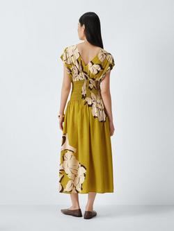 John Lewis Shirred Waist Placement Floral Print Midi Dress, Placement Print - view 2, Placement Print