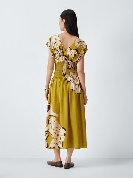 John Lewis Shirred Waist Placement Floral Print Midi Dress, Placement Print - view 2, Placement Print
