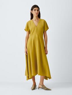 John Lewis V-Neck Cap Sleeve Panelled Midi Dress, Deep Yellow