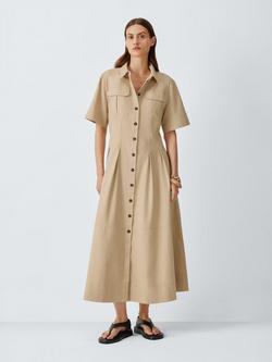 John Lewis Short Sleeve Cotton Blend Utility Shirt Dress, Stone, Stone