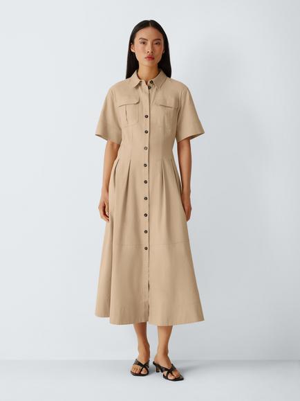 John Lewis Short Sleeve Cotton Blend Utility Shirt Dress, Stone, Stone