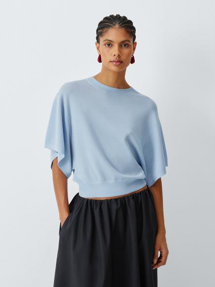 John Lewis Merino Wool Knit Wide Sleeve Zip Back Top, Pale Blue