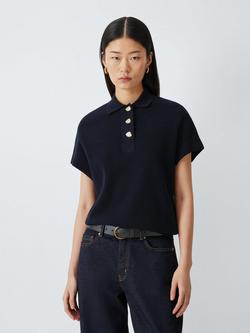 John Lewis Ovoid Cotton Blend Knit Cap Sleeve Polo Shirt, Navy