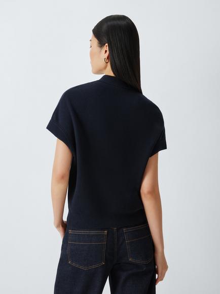 John Lewis Ovoid Cotton Blend Knit Cap Sleeve Polo Shirt - view 2, Navy