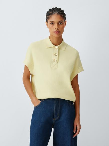 John Lewis Ovoid Cotton Blend Knit Cap Sleeve Polo Shirt, Pale Yellow