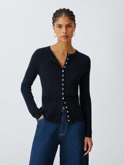 John Lewis Merino Wool Blend Rib Knit Cardigan, Navy, Navy