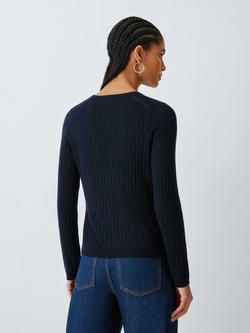 John Lewis Merino Wool Blend Rib Knit Cardigan, Navy - view 2, Navy