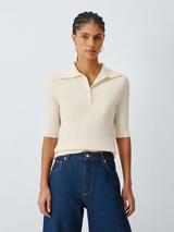 John Lewis Merino Wool Blend Rib Knit Short Sleeve Polo Shirt, Ecru