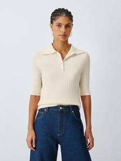 John Lewis Merino Wool Blend Rib Knit Short Sleeve Polo Shirt, Ecru, Ecru