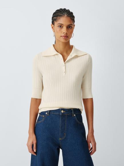 John Lewis Merino Wool Blend Rib Knit Short Sleeve Polo Shirt, Ecru, Ecru