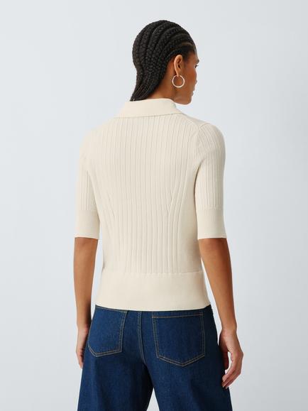 John Lewis Merino Wool Blend Rib Knit Short Sleeve Polo Shirt, Ecru - view 2, Ecru
