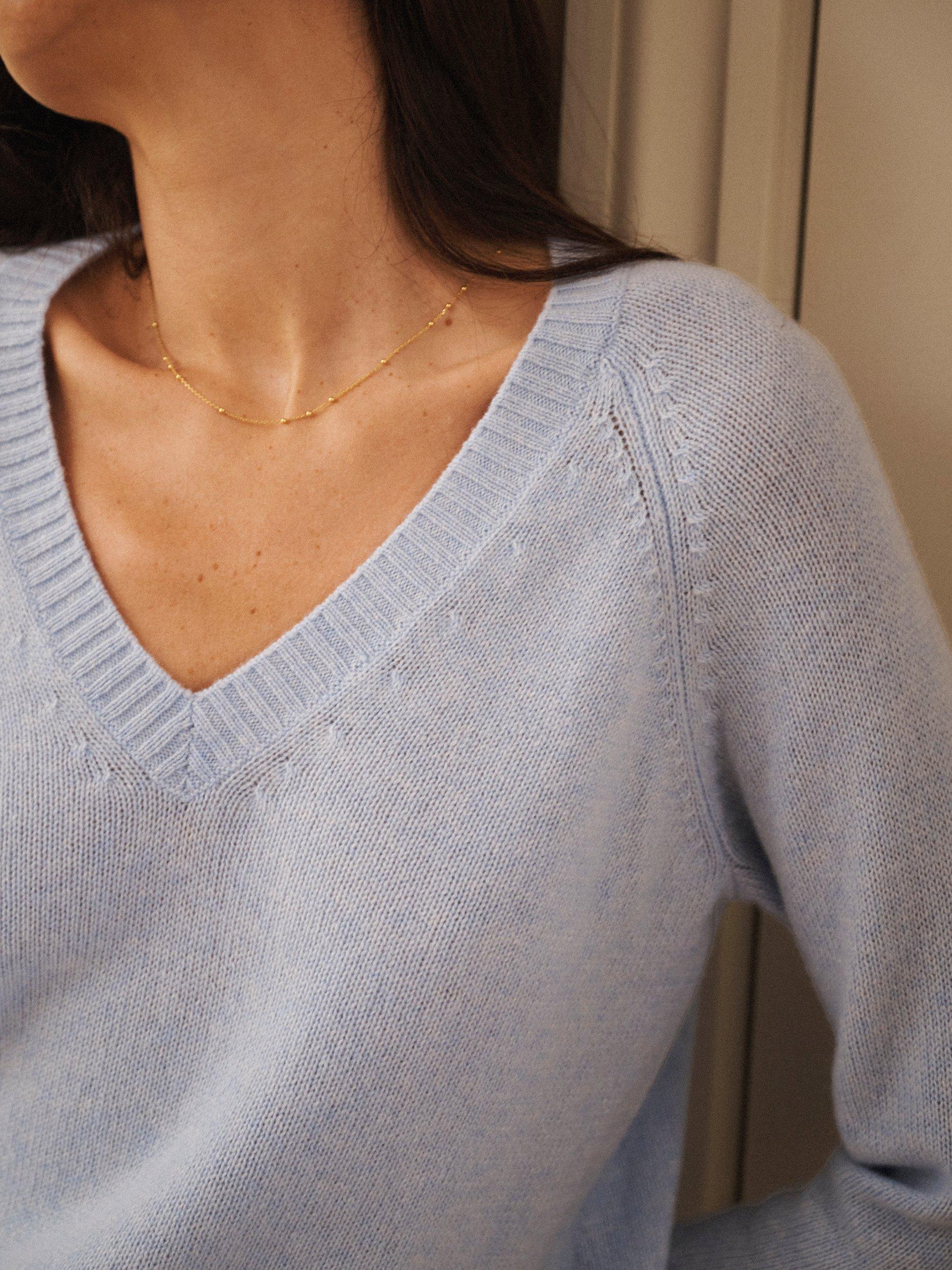 Product image 2 of 7, which shows NRBY Mari V-Neck Pure Cashmere Jumper, Soft Blue, S