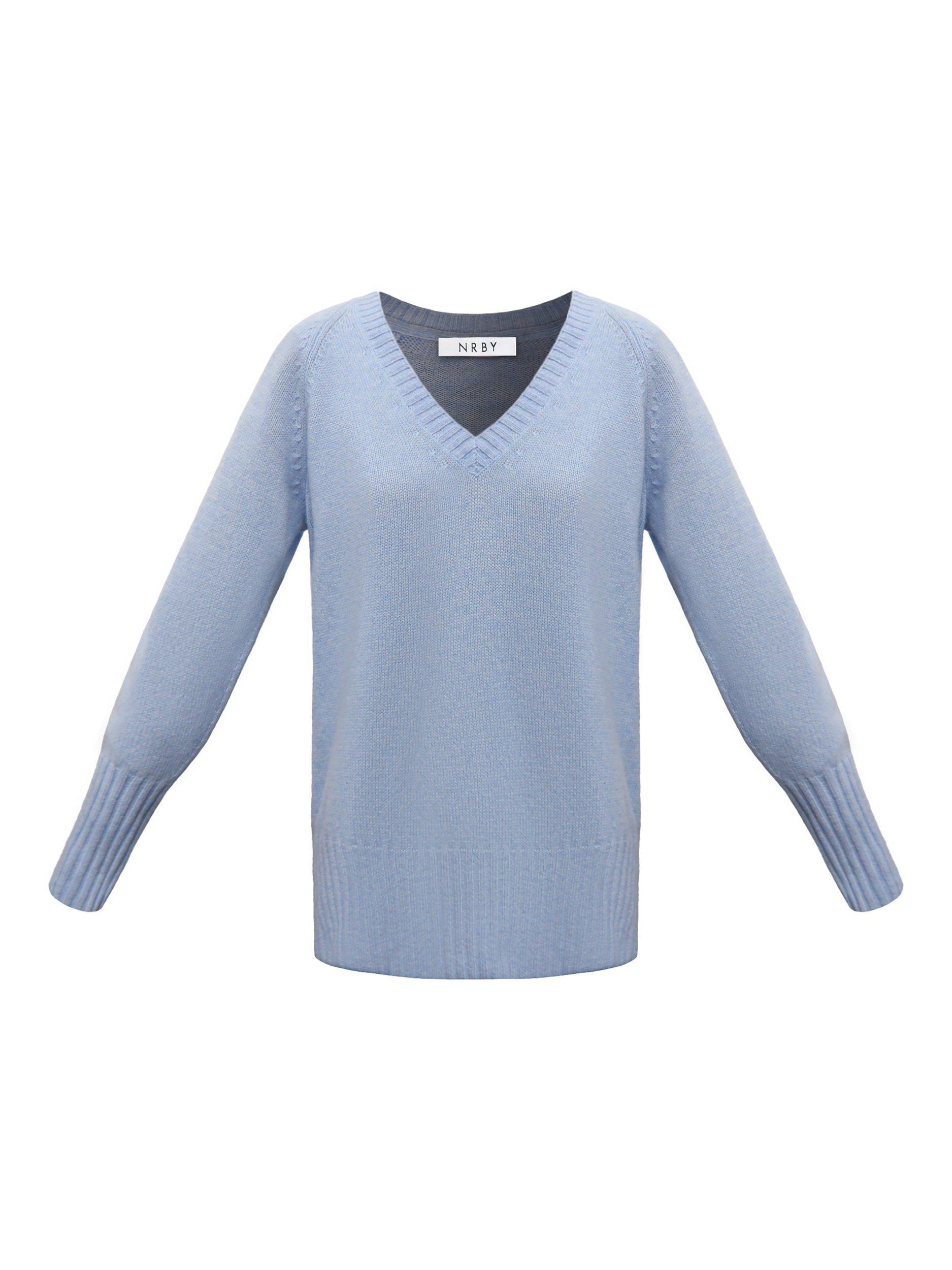 Product image 7 of 7, which shows NRBY Mari V-Neck Pure Cashmere Jumper, Soft Blue, S