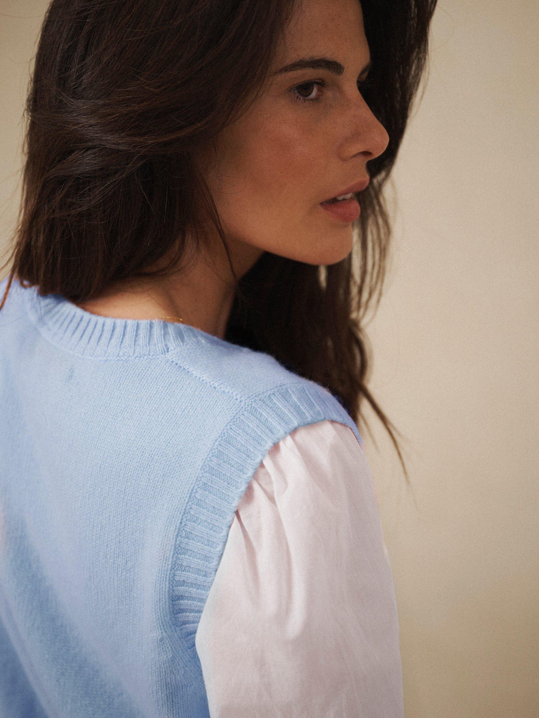 Product image 4 of 5, which shows NRBY Vee Pure Cashmere Tank Top, Soft Blue, S