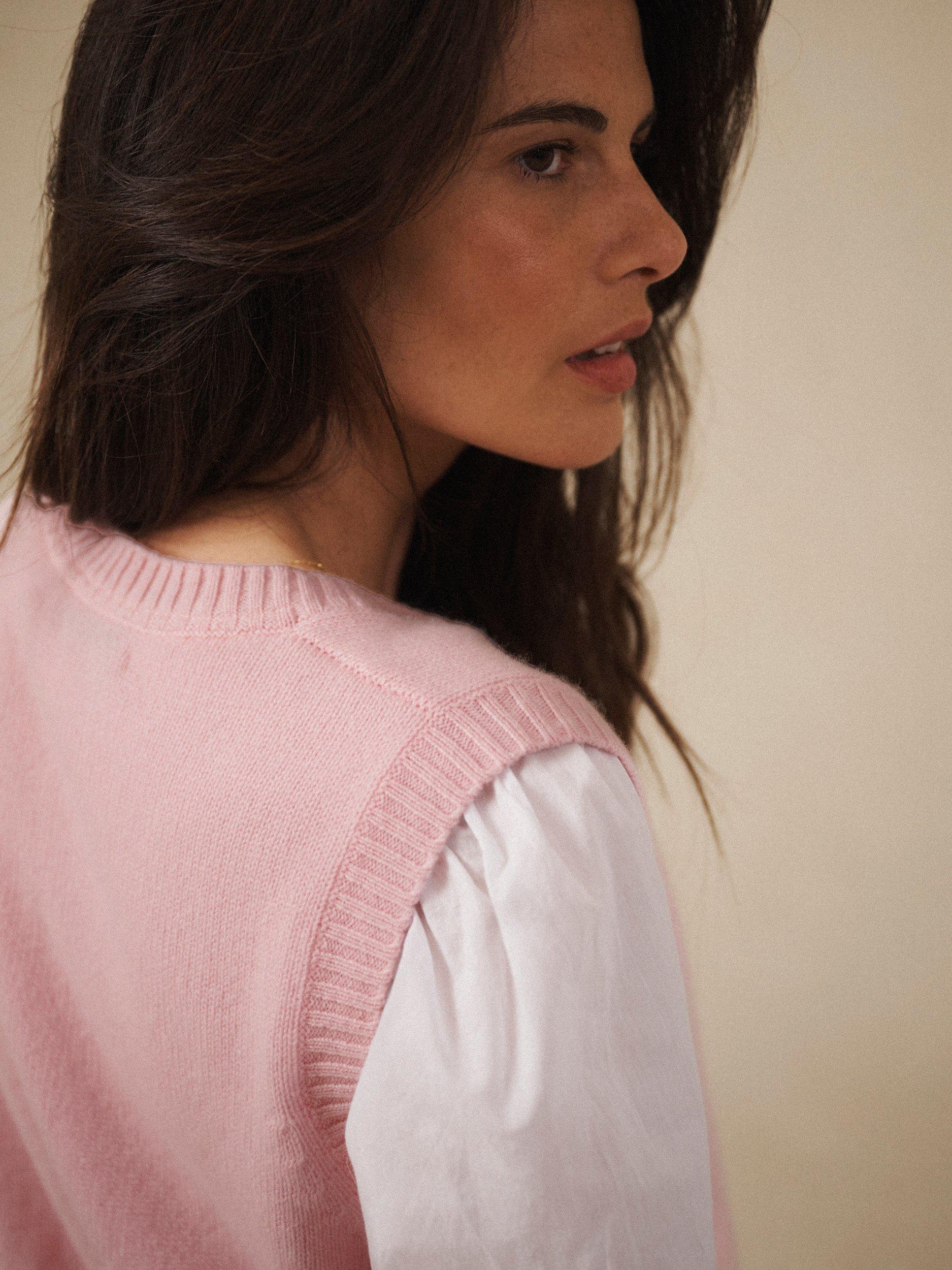 Product image 4 of 6, which shows NRBY Vee Pure Cashmere Tank Top, Soft Pink, S