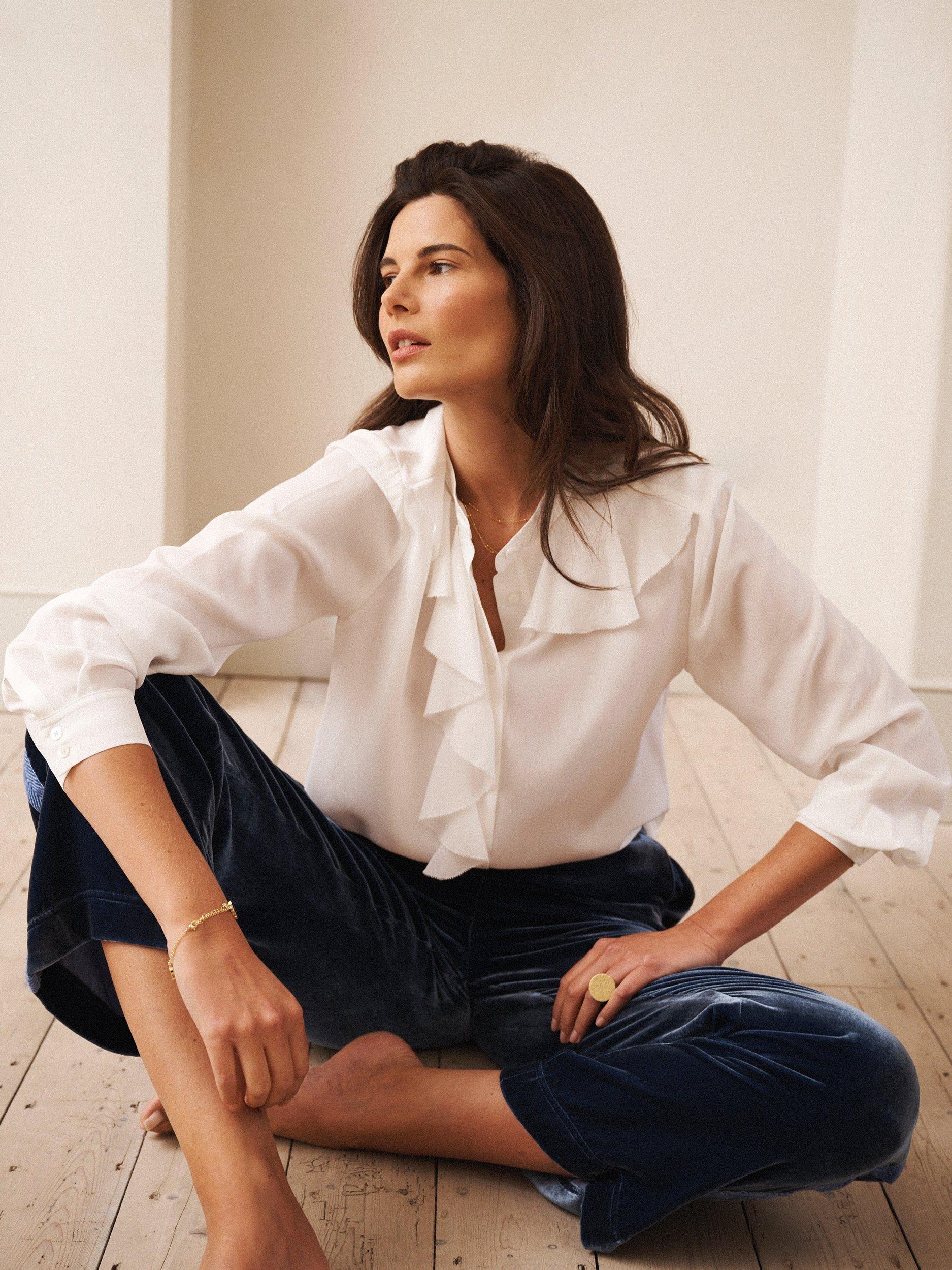 Product image 6 of 10, which shows NRBY Harri Ruffle Pure Silk Shirt, Ivory, XS