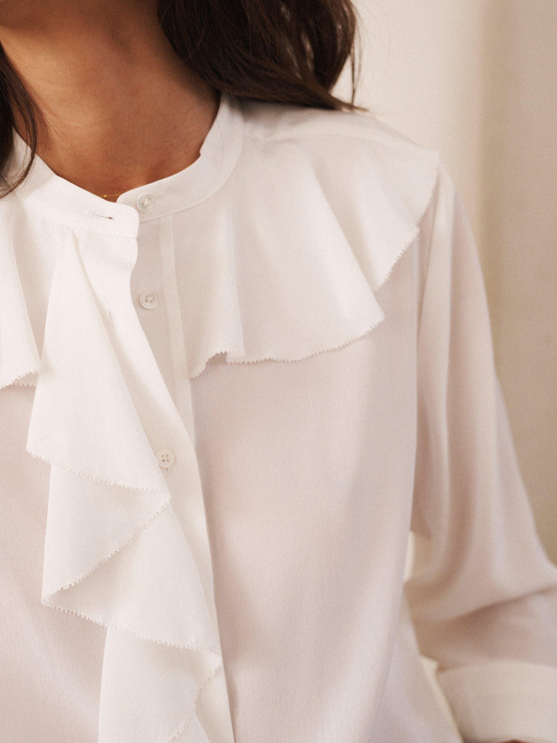 Product image 8 of 10, which shows NRBY Harri Ruffle Pure Silk Shirt, Ivory, XS