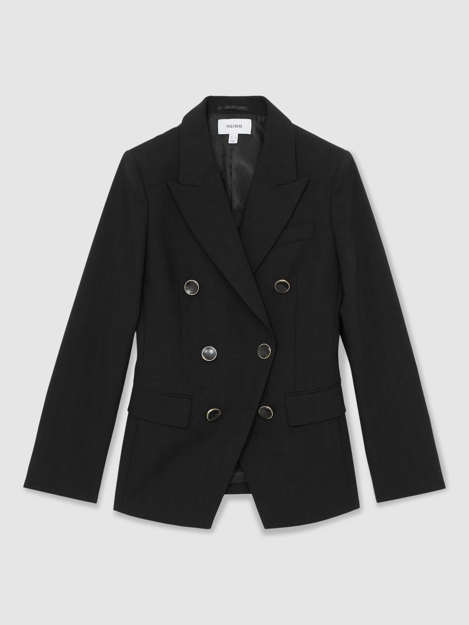 Product image 3 of 5, which shows Reiss Lia Double Breasted Wool Blend Blazer, Black, 6
