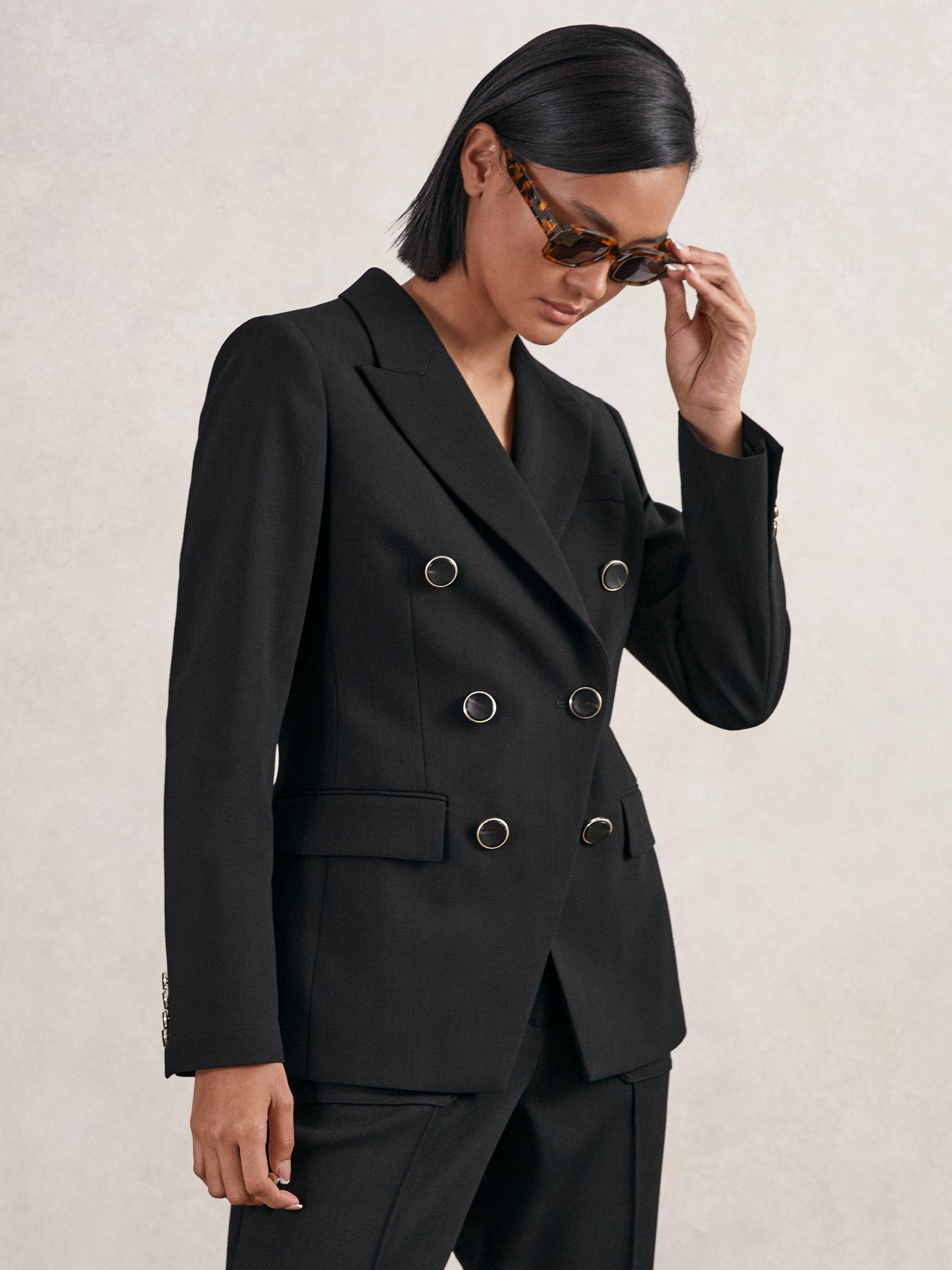 Product image 4 of 5, which shows Reiss Lia Double Breasted Wool Blend Blazer, Black, 6