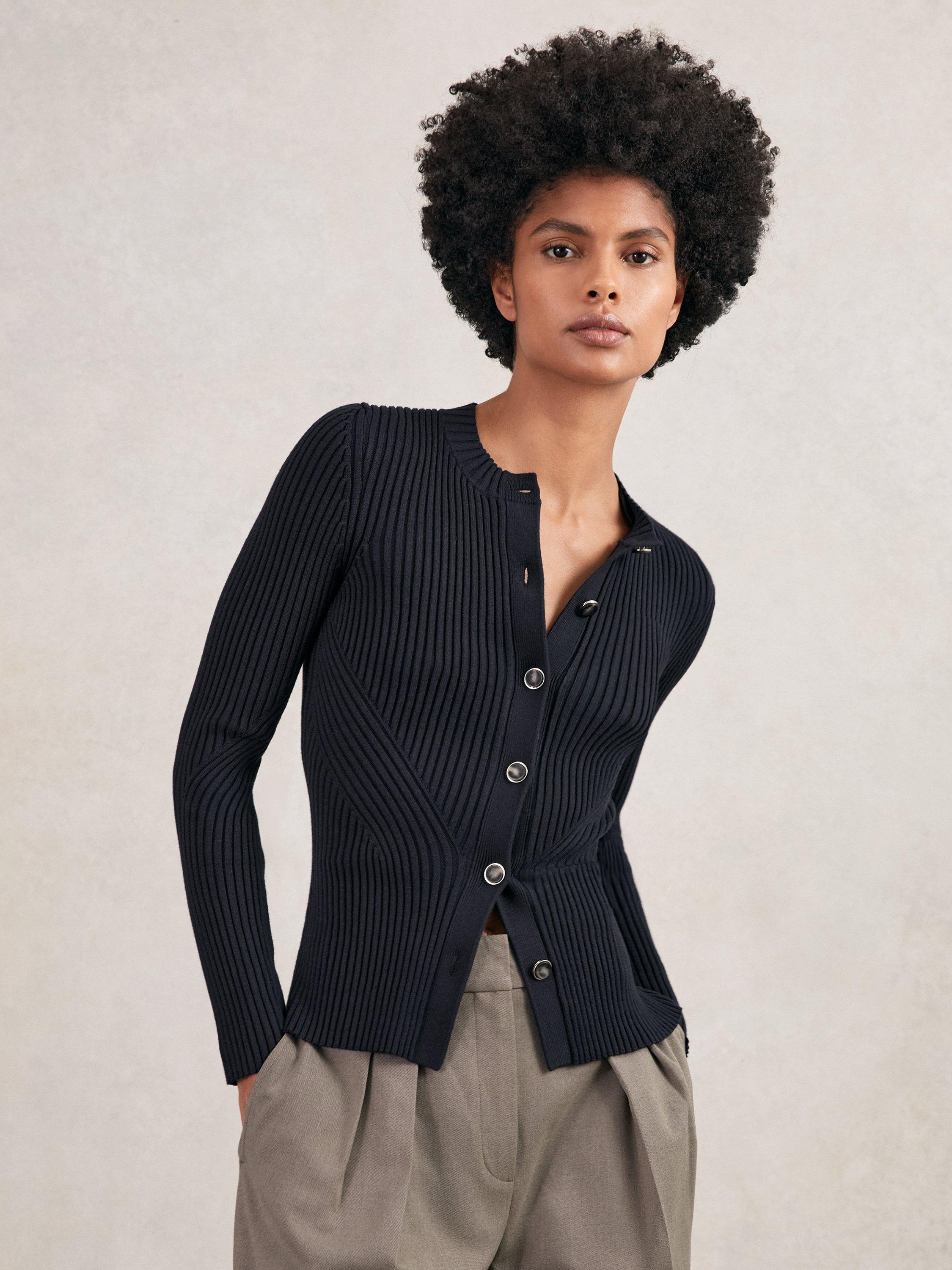Product image 1 of 5, which shows Reiss Tula Ribbed Knit Cardigan, Navy, S