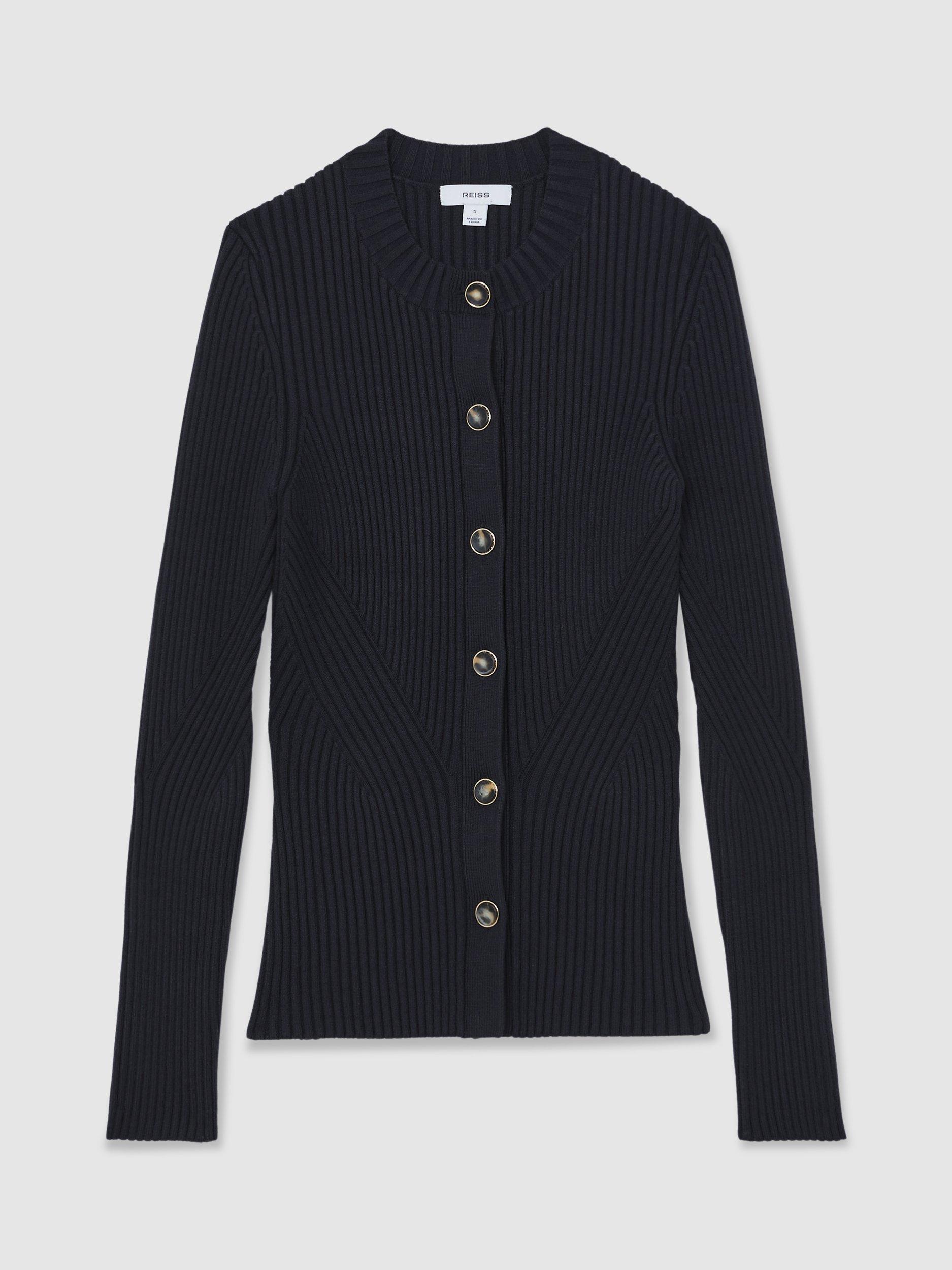 Product image 3 of 5, which shows Reiss Tula Ribbed Knit Cardigan, Navy, S