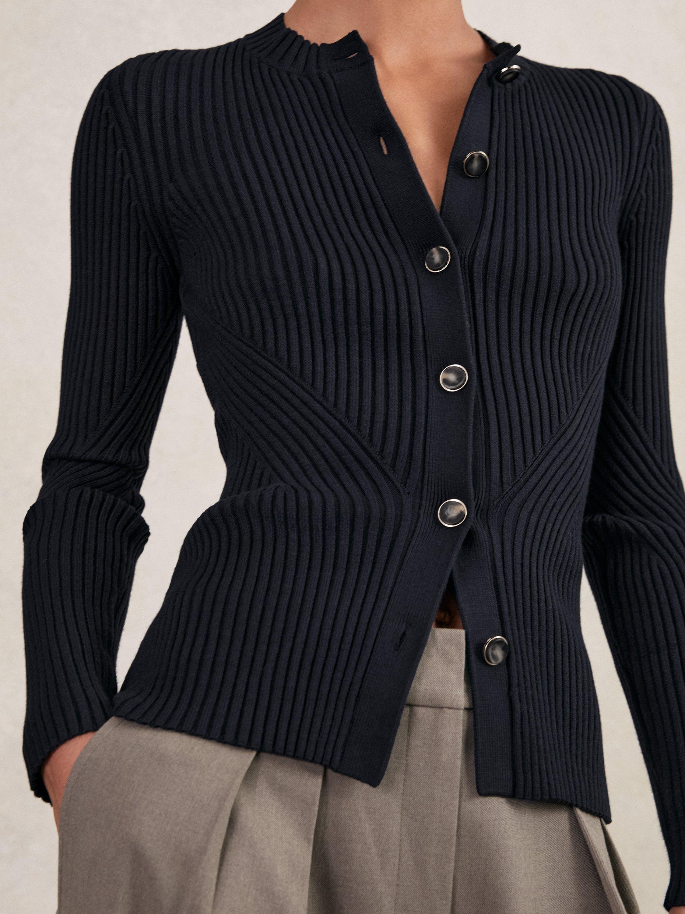 Product image 4 of 5, which shows Reiss Tula Ribbed Knit Cardigan, Navy, S