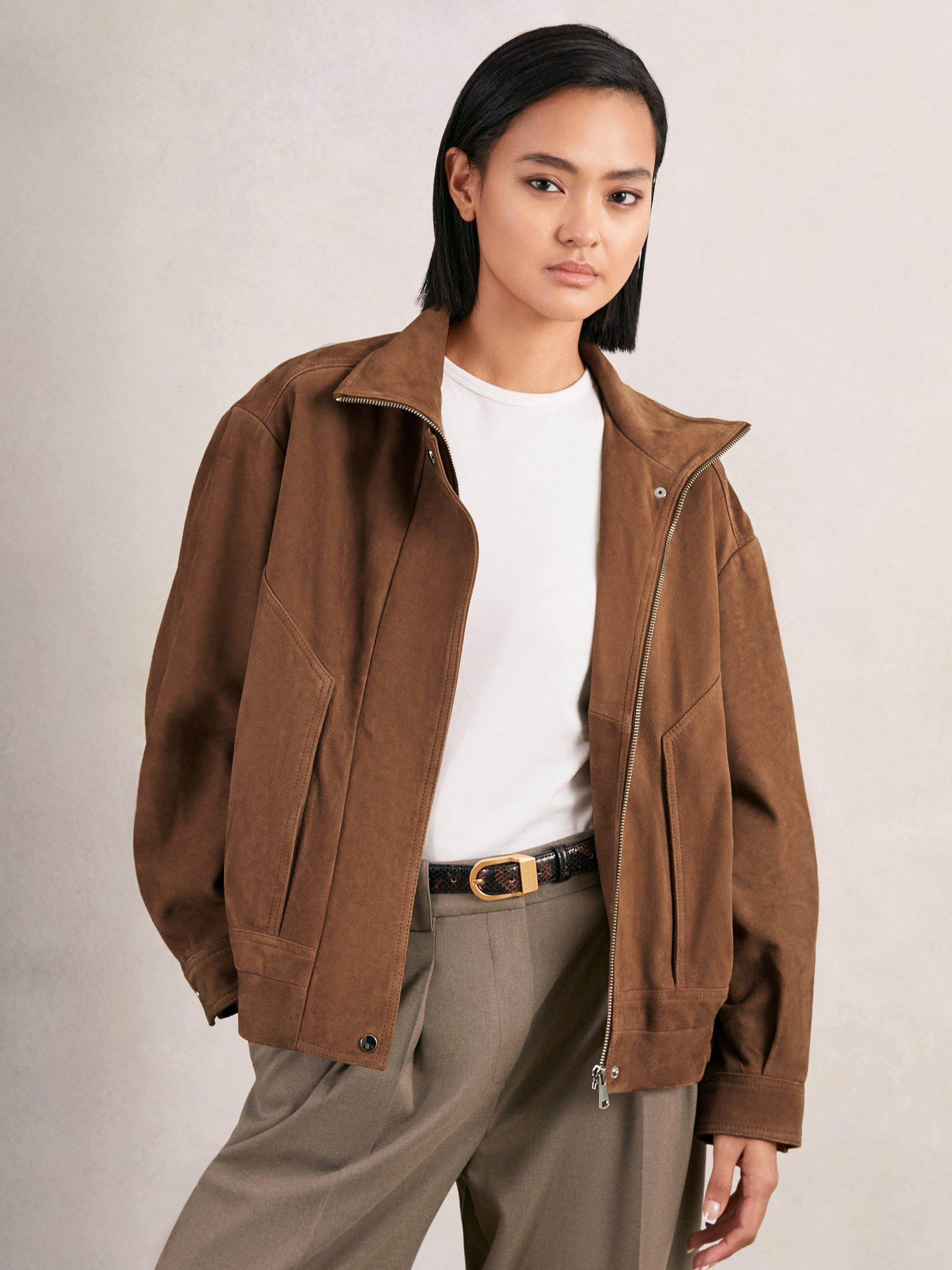 Product image 1 of 5, which shows Reiss Kiara Funnel Neck Pure Suede Jacket, Tan, 6