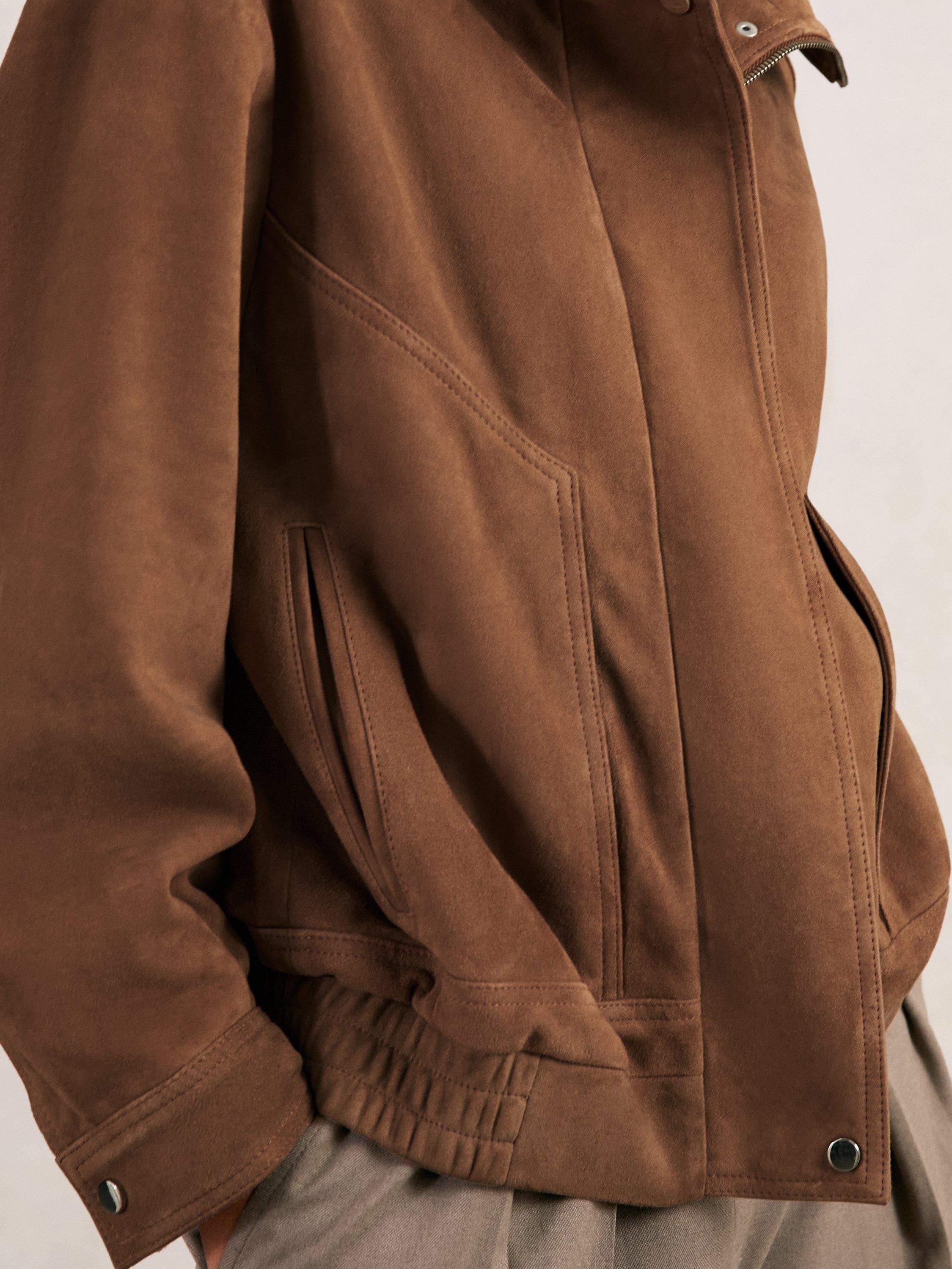 Product image 2 of 5, which shows Reiss Kiara Funnel Neck Pure Suede Jacket, Tan, 6